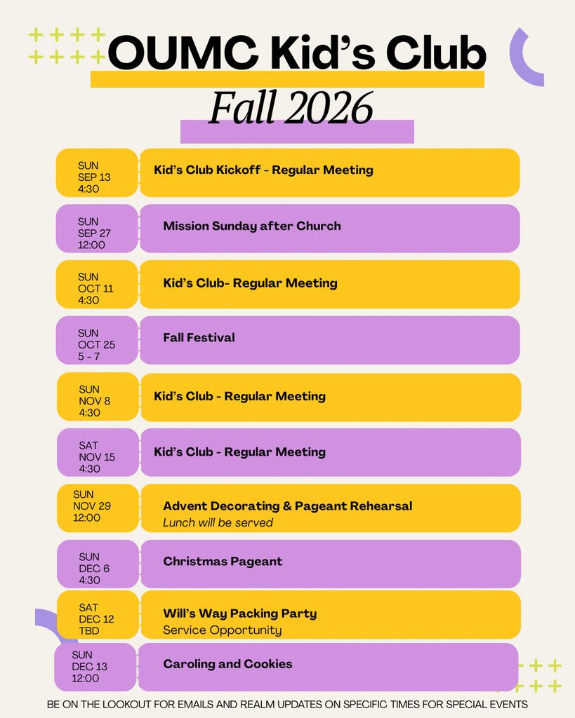 OUMC Kids Club Schedule for Fall 2026