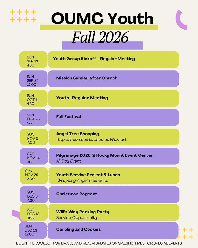 OUMC Youth Schedule, Fall 2026